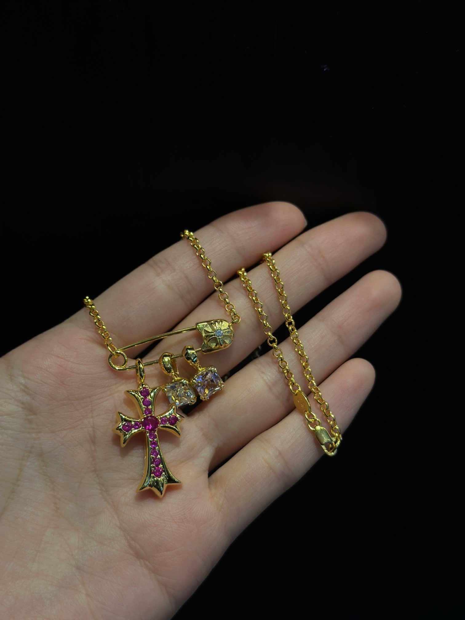 Chrome Hearts Gold Cross Pendant with Gemstones
